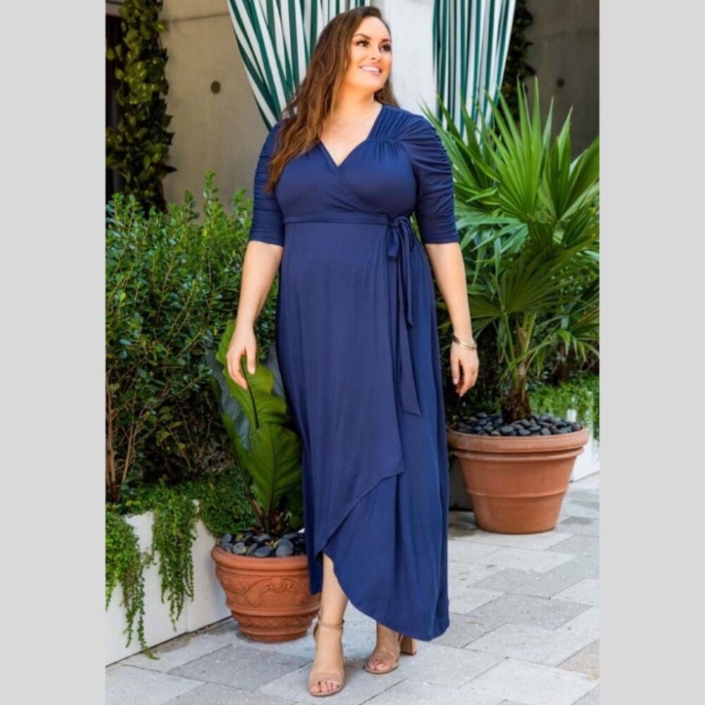 NWT NWOT Kiyonna Womens Navy 3/4 Sleeve Meadow Dream Maxi Wrap Dress PLUS 4X